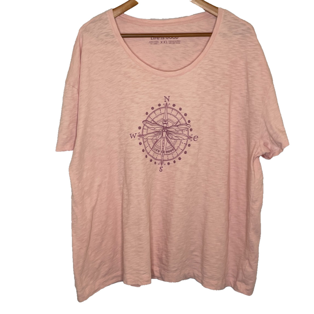 Women's XXL Life is Good Pink Compass Short Sleeve Cotton T-Shirt